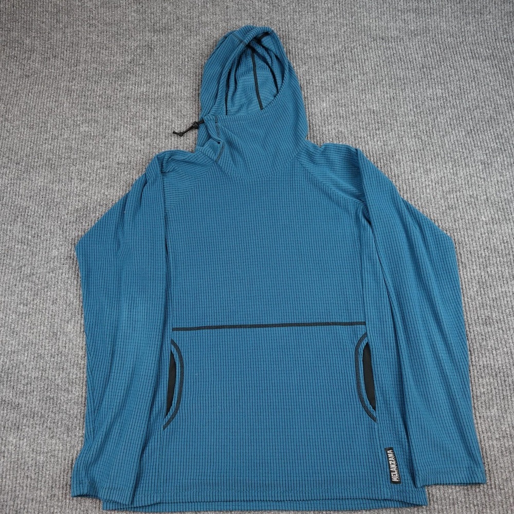 Melanzana Micro Grid Hoodie Mens Medium Blue Fleece Pullover Kangaroo USA
